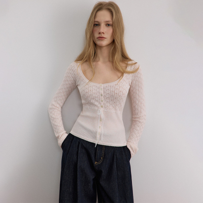 SAMEFLOW 温柔浪漫羊毛混纺针织舒适贴肤蕾丝织带打底高弹上衣女