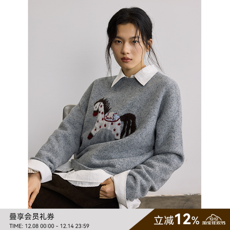 SAMEFLOW  嵌花羊毛毛衣复古感女秋冬慵懒针织上衣