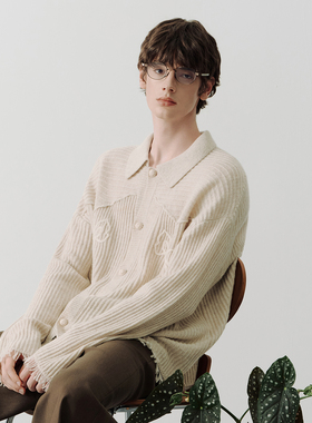 【田栩宁同款】SAME FLOW 立体海棠绣花流苏翻领毛衣开衫外套女秋