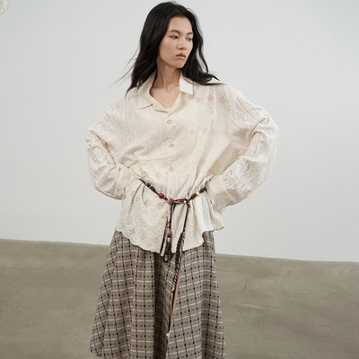 【张翅同款】SAME FLOW 文艺针织蕾丝镂空蕾丝透气长袖衬衫上衣