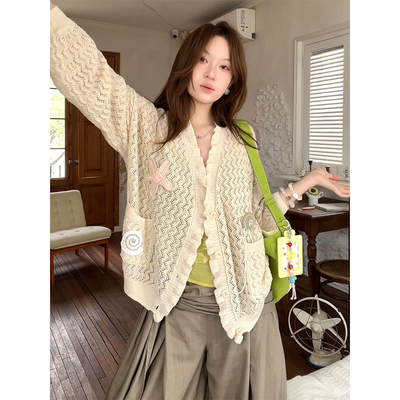 SAMEFLOW X Babeei张张联名首发慵懒度假氛围米黄波浪纹镂空开衫