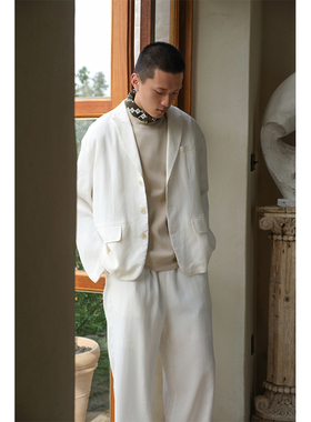 SAME FLOW 高端日系亚麻白色无里西装外套气质通勤廓形休闲上衣