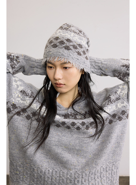 SAMEFLOW 费尔岛风羊毛混纺流苏边针织套头帽秋冬保暖毛线帽冷帽