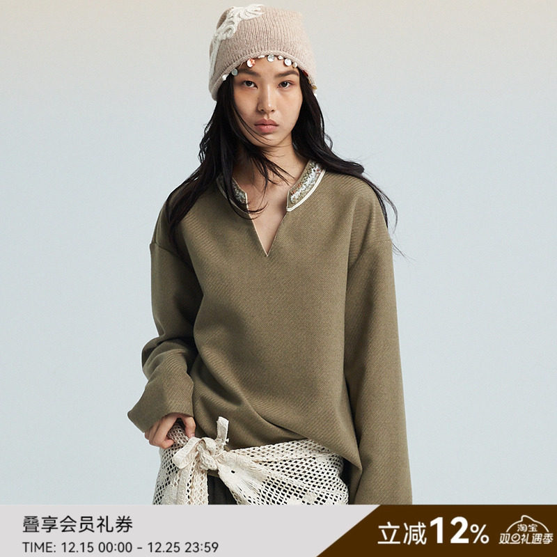 SAME FLOW 民族风多色毛绒织带设计感V领百搭舒适耐磨内搭上衣