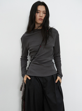 SAMEFLOW 半高领针织打底衫女秋季高弹力不规则褶皱层次内搭上衣