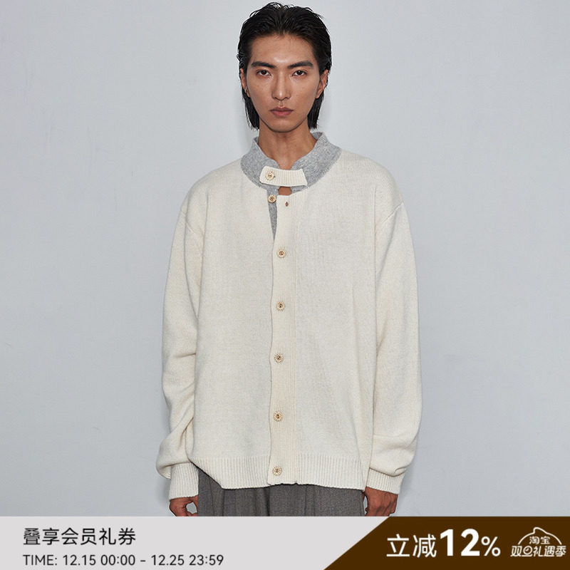 SAME FLOW 早秋氛围感暖色系抱脖保暖羊毛混纺立领撞色针织开衫