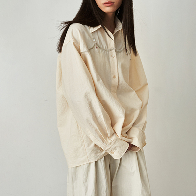 SAME FLOW 早秋时尚重工珠片钉钻肌理感气质廓形落肩设计长袖衬衫