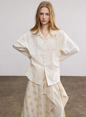 【张翅同款】SAME FLOW 文艺针织蕾丝镂空早春透气长袖衬衫上衣女