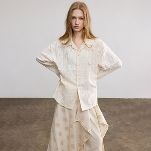 张翅同款 衬衫 SAME 文艺针织蕾丝镂空早春透气长袖 上衣女 FLOW
