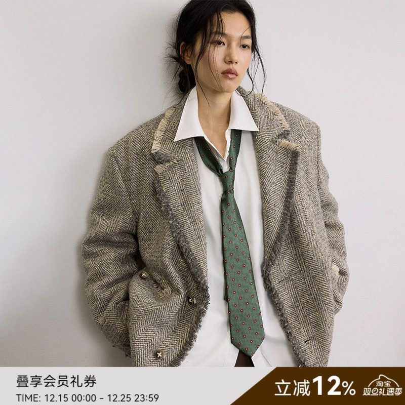 SAMEFLOW 英伦格调毛边设计复古做旧粗花呢厚实挺括经典百搭棉服