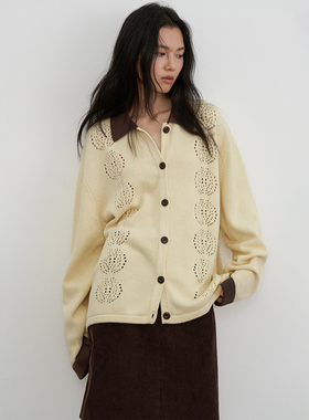 SAME FLOW 男女同款肌理感镂空花纹领口设计撞色宽松直筒针织开衫