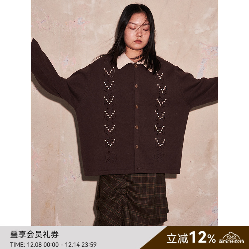 SAME FLOW 春秋男女同款宽松时尚耐穿镂空点缀珍珠装饰针织开衫