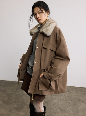 SAMEFLOW 小众设计感oversized慵懒风工装棉服女冬季毛领短款外套