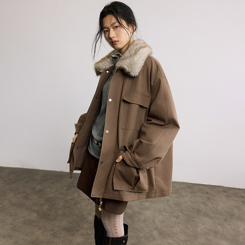 【清仓款】SAMEFLOW oversized慵懒风工装棉服女冬季毛领短款外套