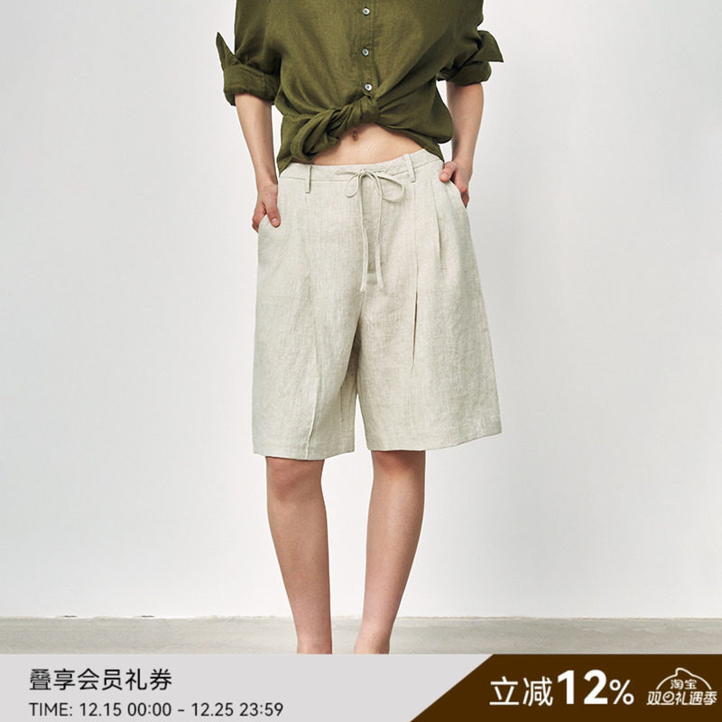 SAME FLOW  慵懒藏青撞色时尚百搭抽绳亚麻宽松直筒版型显瘦短裤