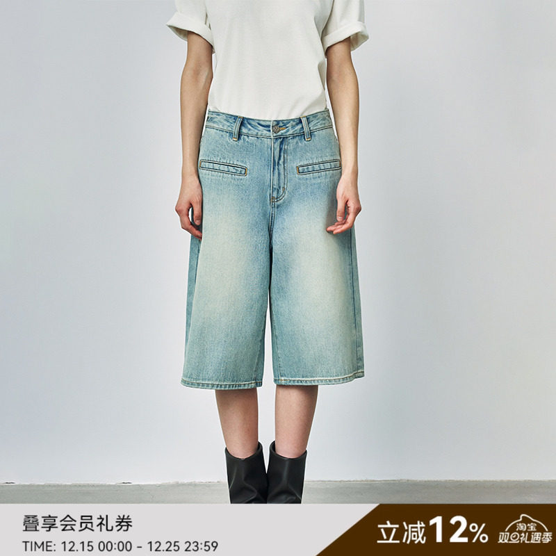 SAME FLOW 营造随性慵懒氛围感手工做旧水洗自然褪色纹理七分中裤