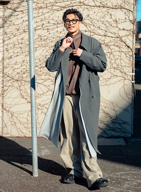 SAME FLOW 休闲中长款双层领子风衣男灰色双排扣翻领外套秋季新款