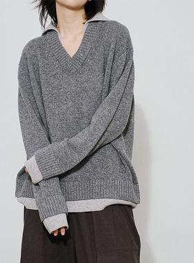 SAME FLOW 100%羊毛套头毛衣秋季新品时髦设计感假两件针织上衣男