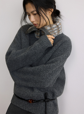 SAMEFLOW 别致复古元素柔软保暖翻领设计亲肤舒适羊毛拉链毛衣女