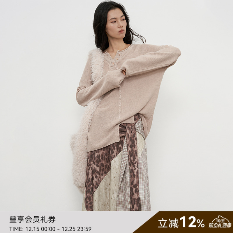 SAMEFLOW 秋季v领天丝亚麻长袖设计感针织衫女宽松老钱风上衣