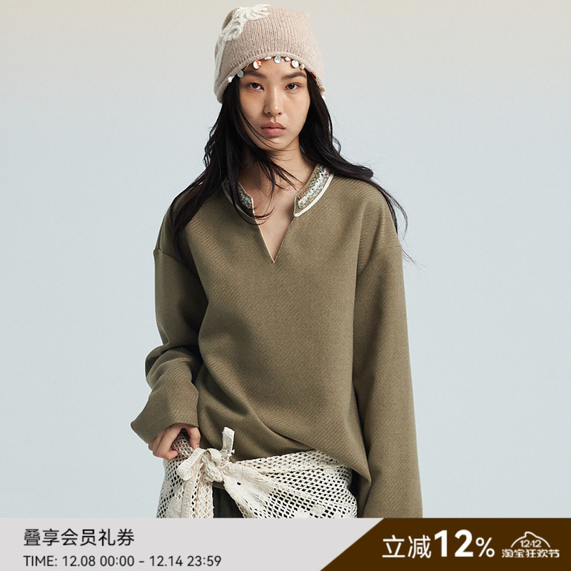 SAME FLOW 民族风多色毛绒织带设计感V领百搭舒适耐磨内搭上衣