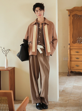 SAME FLOW 小众设计高级感上衣2025秋新品双绣花拼接翻领夹克外套