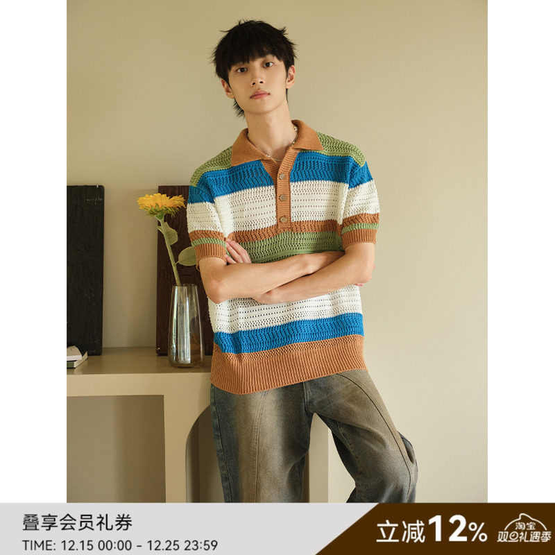SAME FLOW POLO针织衫拼色提花短袖气质镂空宽松T恤上衣男空调衫