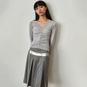 抽绳长袖 SAME 针织收腰上衣 V领时尚 时髦软糯桑蚕丝修身 FLOW 秋季