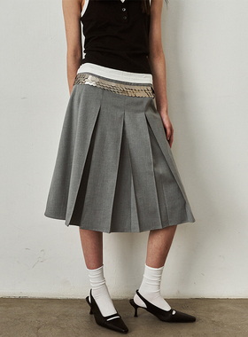 SAME FLOW 【吴优推荐】时尚重工灰色亮片高腰显瘦百褶半身裙