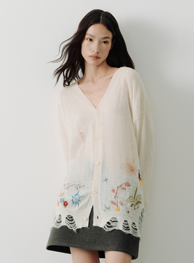 SAME FLOW小众设计感手绘图案慵懒风海马毛V领针织开衫女早秋上衣