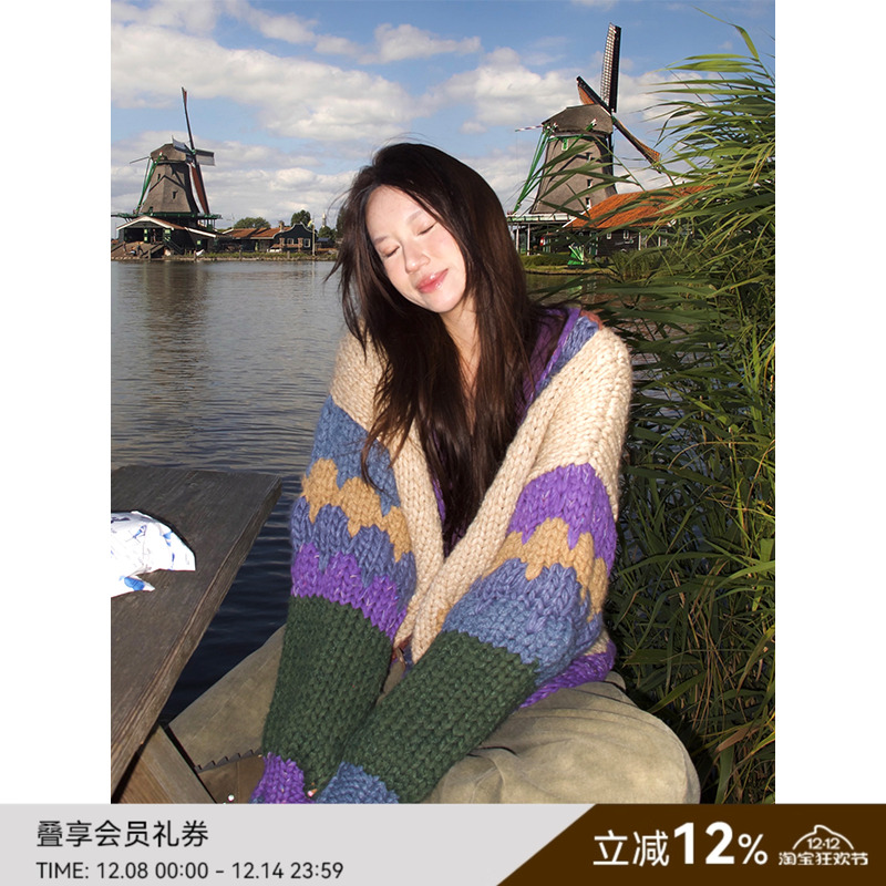 SAMEFLOW X Babeei张张 彩色羊毛毛衣开衫泡泡袖短款拼接撞色设计