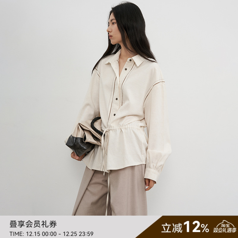SAME FLOW  复古设计感慵懒感撞色绣花抽绳衬衫女早秋上衣外套