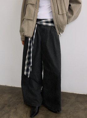 SAMEFLOW 格纹腰带黑白撞色设计松弛做旧复古经典百搭阔腿西裤