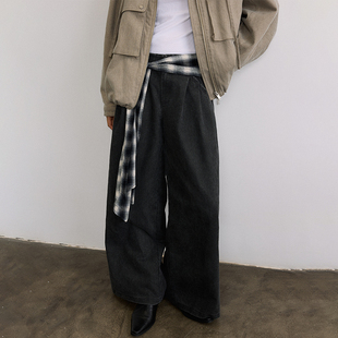 百搭阔腿西裤 SAMEFLOW 格纹腰带黑白撞色设计松弛做旧复古经典