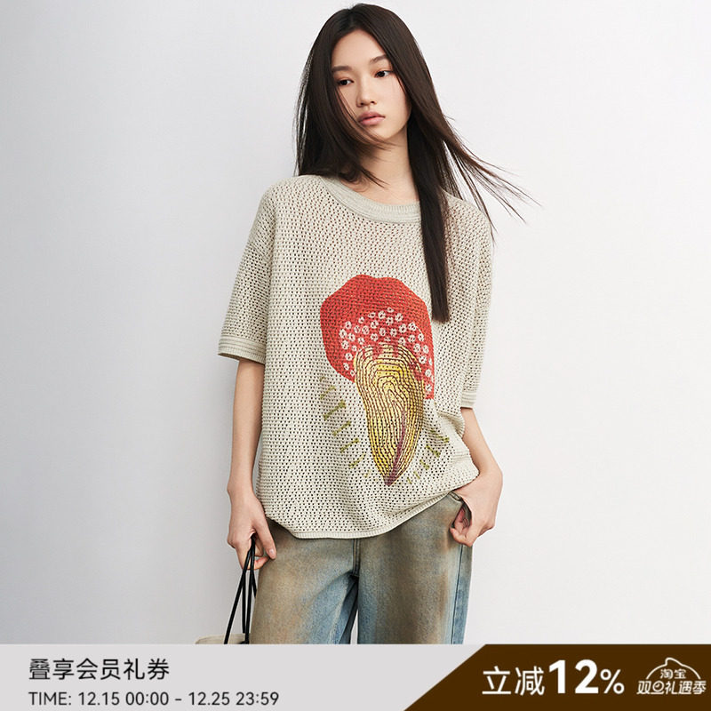 SAME FLOW 蘑菇幻想图案早秋短袖镂空罩衫T恤女显瘦宽松上衣男