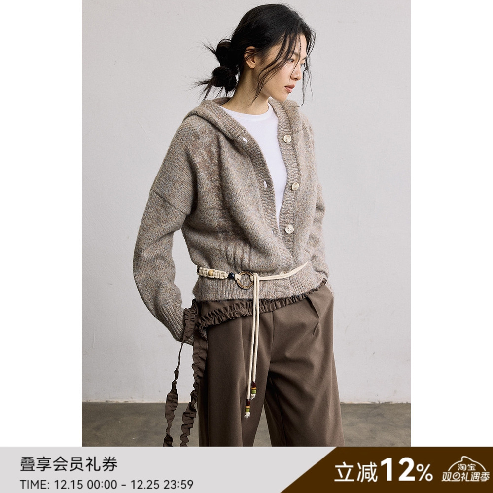 SAMEFLOW 糯绒毛衣外套女秋冬短款宽松灰色休闲连帽针织开衫上衣