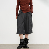 FLOW 高级感灰色毛呢中裤 女独特插袋褶皱质感挺括阔腿裤 SAME 秋季