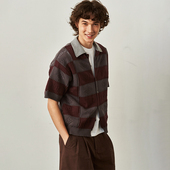 FLOW 拼色条纹撞色针织浮雕式 花纹POLO领透气干爽短袖 SAME 开衫 夏