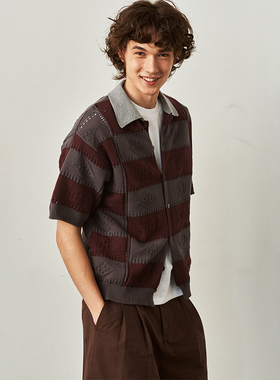 SAME FLOW 拼色条纹撞色针织浮雕式花纹POLO领透气干爽短袖开衫夏