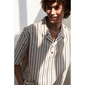 FLOW 复古宽松随性条纹古巴POLO翻领短袖 休闲衬衫 SAME 上衣情侣款