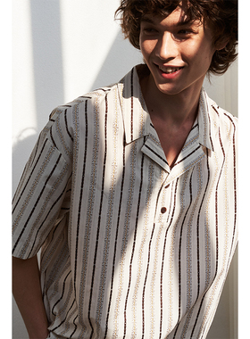 SAME FLOW 复古宽松随性条纹古巴POLO翻领短袖休闲衬衫上衣情侣款