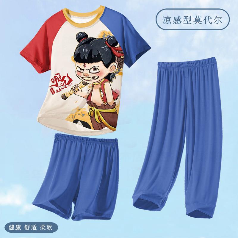 哪吒儿童睡衣夏季男孩薄款短袖三件套莫代尔2025新款中大童家居服