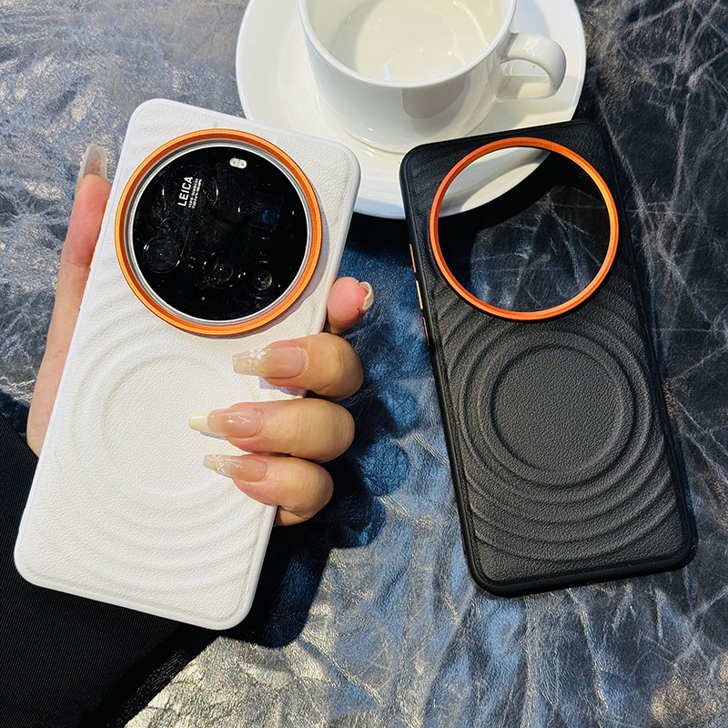 高级磁吸波漾纹适用小米15ultra手机壳皮纹小米14ultra保护套全包防摔小米15Ultra软边防摔高档橙色金属镜头