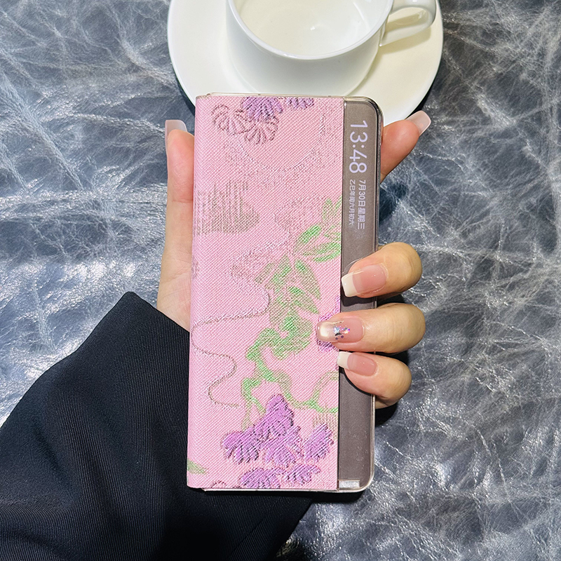 新中式千鹤鸟粉适用华为matex3手机壳翻盖皮套matex6典藏版折叠屏保护套全包防摔matex5高档支架皮套matex7