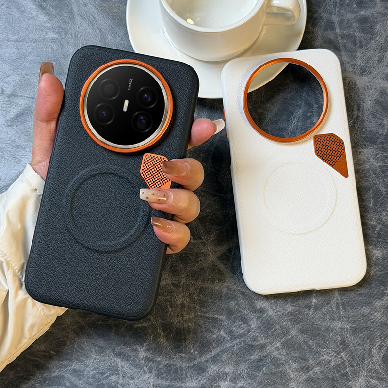 高级五金散热适用华为mate70air手机壳皮纹mate70AIR保护套防摔磁吸充电mate70pro创意橙色镜头散热设计