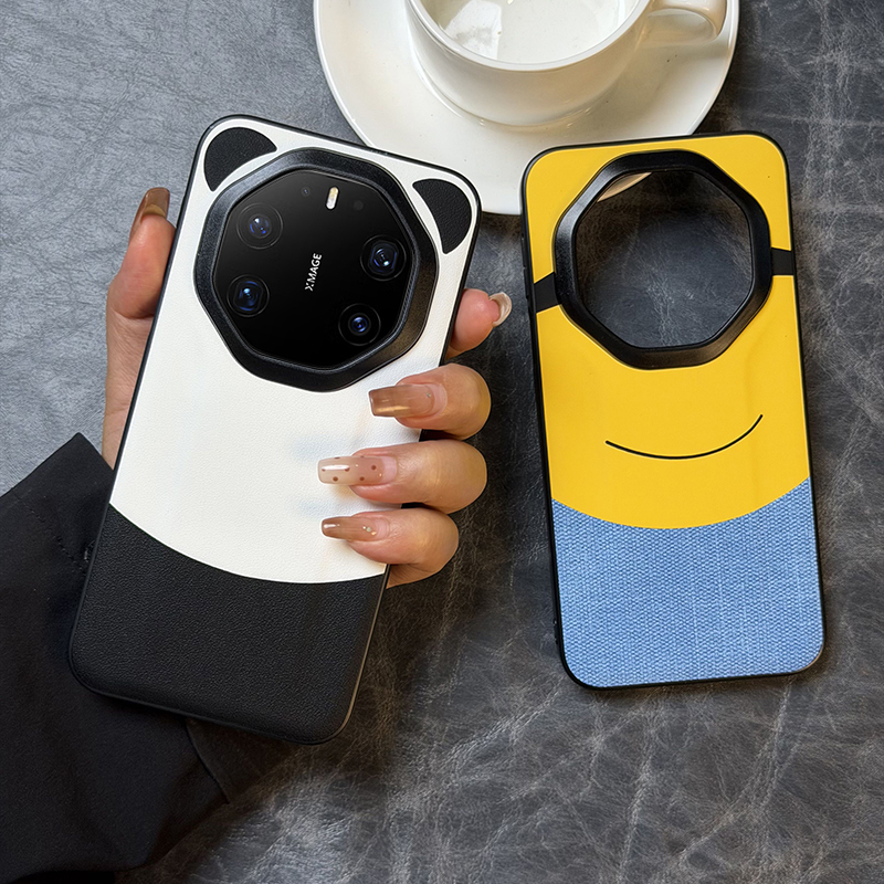 创意卡通熊猫耳朵适用华为mate80RS手机壳皮纹mate80RS非凡大师保护套防摔硅胶软边mate80rs保时捷可爱小黄