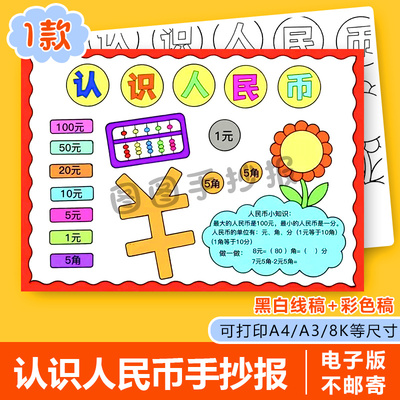 认识人民币手抄报模板电子版小学生a3数学a4一年级主题8k绘画小报
