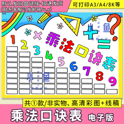 九九乘法表电子版手抄报数学乘法口诀表小学生模板线稿A348K小报