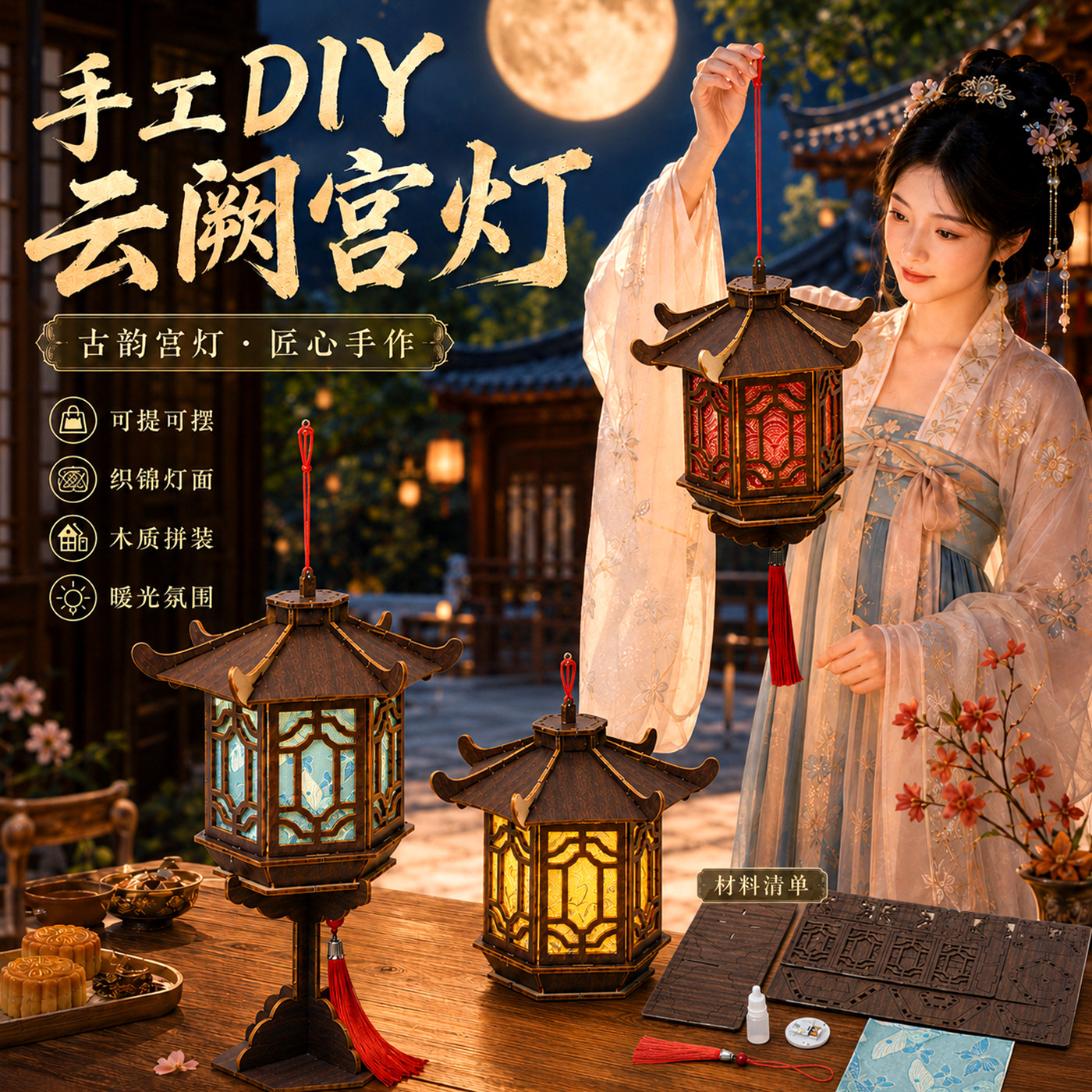 中秋节灯笼手工diy材料包宋锦云阙宫灯摆件发光手提花灯沙龙活动