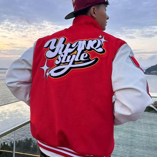 YUANQ24AW白红美式复古棒球服小众原创国潮夹棉重磅外套宽松棉服